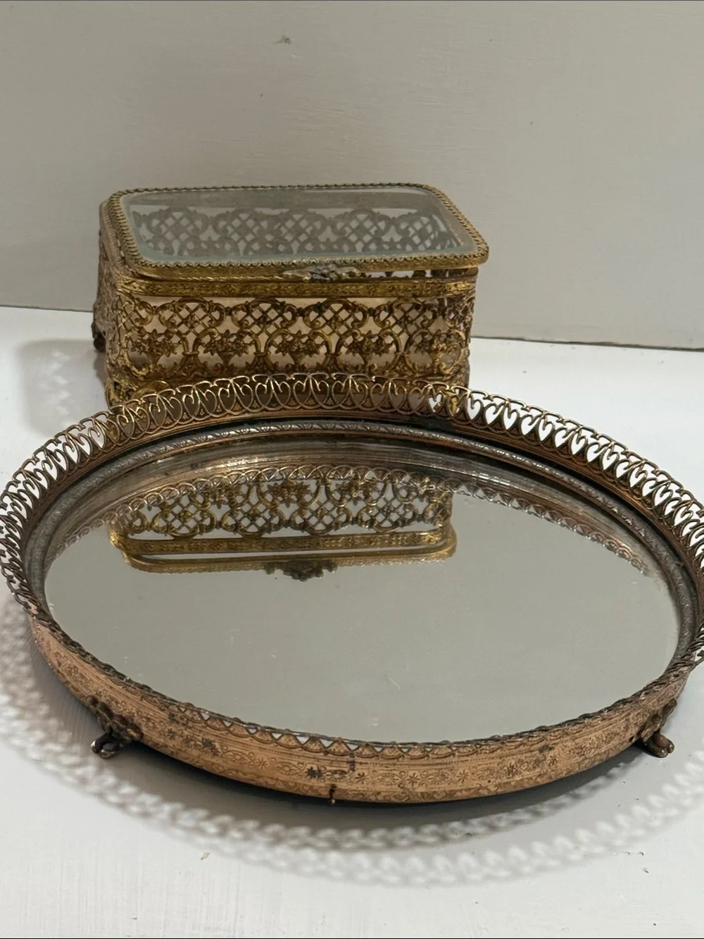 Vintage Ormolu Ornate Gold Brass Glass Jewelry Trinket Box & Round Mirrored Tray